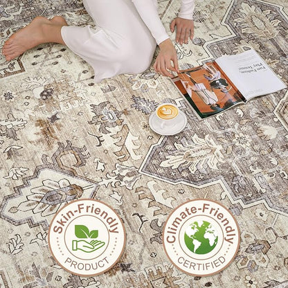 Runner Rug Kitchen Washable Rugs: 2x5 Non-Slip Boho Soft Vintage Stain Resistant Indoor Floor Neutral Farmhouse Throw Carpet for Hallway Bathroom Laundry Room Entryway Bedroom- Brown