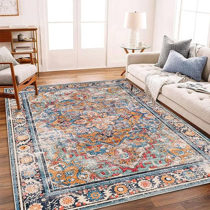 CHAMPLANT Washable Area Rug 3'x5' Rugs for Living Room Retro Flowers Machine Non-Slip Bedroom Vintage Trellis Distressed Carpet for Dining Room Office
