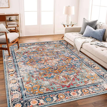 CHAMPLANT Washable Area Rug 5'x7' Retro Boho Chic Medallion Distressed Design Living Room Indoor Non-Slip Large Oriental Accent Throw Rug for Kitchen Bedroom Office Carpet