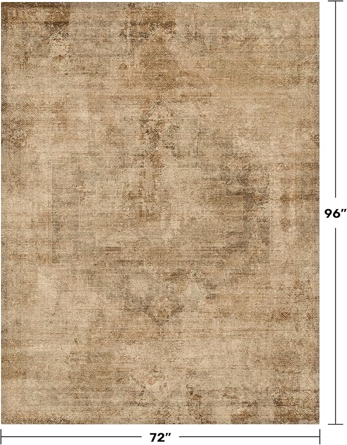 Hazo Haus Vintage Gold 6x8 Rugs for Living Room - Distressed Print Pattern Large Area Rug for Bedroom, Washable Soft Dining Room Under Table, Thin & Non Slip Rubber Backing Brown and Yellow