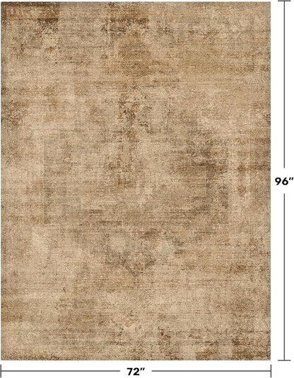 Hazo Haus Vintage Gold 6x8 Rugs for Living Room - Distressed Print Pattern Large Area Rug for Bedroom, Washable Soft Dining Room Under Table, Thin & Non Slip Rubber Backing Brown and Yellow