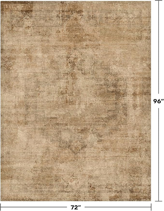 Hazo Haus Vintage Gold 6x8 Rugs for Living Room - Distressed Print Pattern Large Area Rug for Bedroom, Washable Soft Dining Room Under Table, Thin & Non Slip Rubber Backing Brown and Yellow
