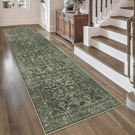 3x10 Green Runner Rug Hallway Washable Area Rugs Kitchen Vintage Boho Non Slip Long Rug Floral Carpet Indoor Retro Soft Low Pile Throw Rug for Bedroom Bathroom Laundry Dining Living Room Office