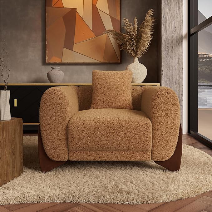 Morden Fort Boucle Armchair, Modern Upholstered Sofa Chair Wooden Leg with Durable Comfy Boucle Pet-Friendly 25'' Deep Seat & Pillow Couch Accent Chairs for Living Room Bedroom Reading, Toffee Orange
