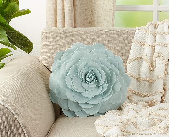SARO LIFESTYLE Flower Design Poly Filled Throw Pillow, Aqua, 16"