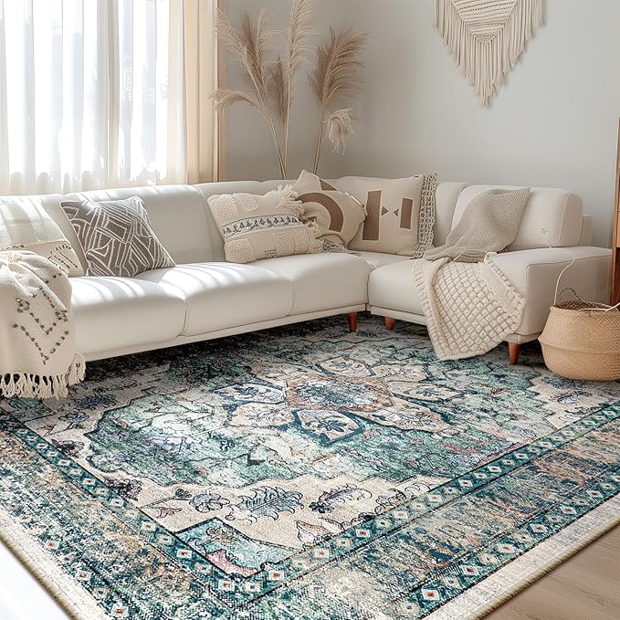 BESTSWEETIE 9x12 Area Rug Washable Rugs for Living Room, No Pile Boho Carpet for Entryway Bedroom Dinning Room, Vintage Carpet Print Distressed Non-Slip, 9 x 12 ft, Green
