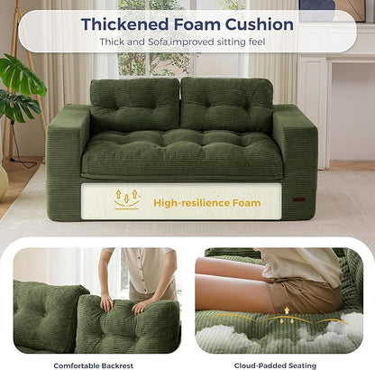 MAXYOYO 63" Loveseat Sofa Couch for Small Spaces, Upholstered Boneless Cloud Couch for Apartment Bedroom, 2-Seater Love Seat Floor Modern Sofa with Pillows, No Assembly Required, Dark Green