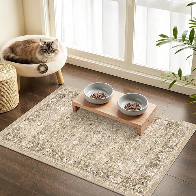 2x3 Beige Entryway Rug Non Slip Washable Area Rug Soft Khaki Vintage Boho Throw Rug Retro Distressed Floral Carpet Indoor Farmhouse Low Pile Small Door Mat for Kitchen Bathroom Bedroom Laundry Office