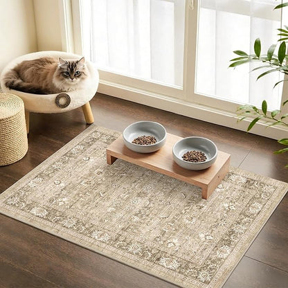 2x3 Beige Entryway Rug Non Slip Washable Area Rug Soft Khaki Vintage Boho Throw Rug Retro Distressed Floral Carpet Indoor Farmhouse Low Pile Small Door Mat for Kitchen Bathroom Bedroom Laundry Office