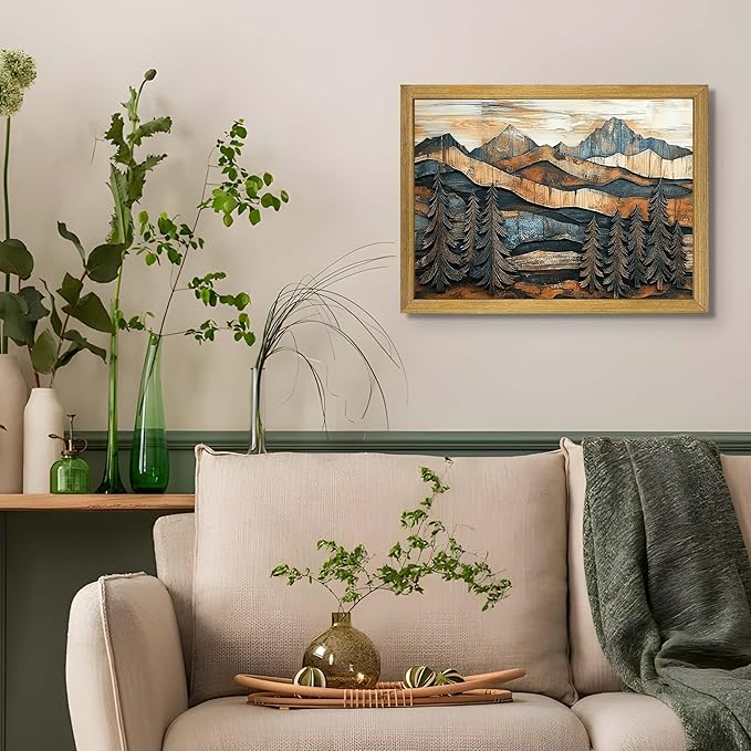 Vintage Boho Mountain Wall Art, Framed Landscape Canvas Wall Art, Nature Forest Wall Decor, Rustic Farmhouse Print Poster Painting for Living Room Bedroom Dining Room 16x24 Inch