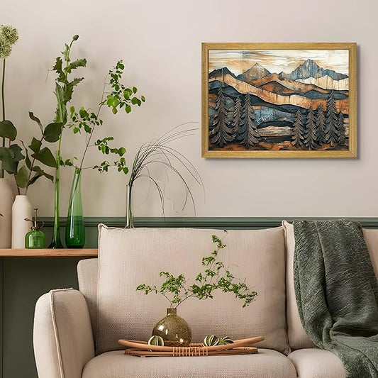 Vintage Boho Mountain Wall Art, Framed Landscape Canvas Wall Art, Nature Forest Wall Decor, Rustic Farmhouse Print Poster Painting for Living Room Bedroom Dining Room 16x24 Inch
