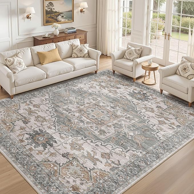 10x12 Washable Area Rugs for Living Room: Non Slip Vintage Gray Brown Rug, Large Soft Stain Resistant Indoor Floor Carpets for Bedroom Dining Room Nursery Home Office Kid & Pet Friendly