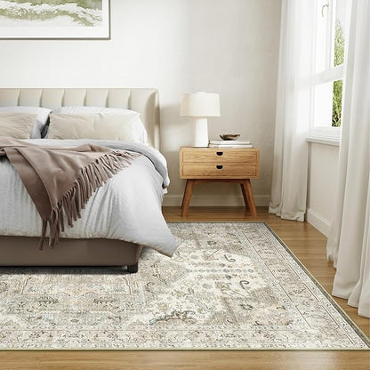 10x14 Area Rug for Living Room, Large Machine Washable Non Slip Vintage Rugs, Low Pile Stain Resistant Rug for Bedroom, Dining Room, Home Ofiice(Brown/Ivory,10'x14')