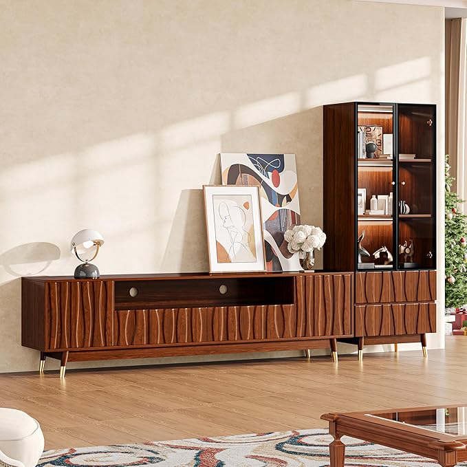 102'' Walnut Finish Entertainment Center for 55/65/75 inch TV, Included 78'' TV Stand and Glass Display Cabinet, 2-Piece Brown Mid Century Modern Wood Media Console for Living Room