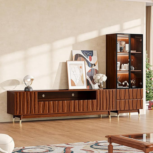 102'' Walnut Finish Entertainment Center for 55/65/75 inch TV, Included 78'' TV Stand and Glass Display Cabinet, 2-Piece Brown Mid Century Modern Wood Media Console for Living Room