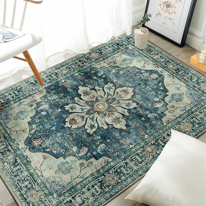 RELEANY Area Rugs 3'x4' Washable Non-Slip, Floral Vintage Distress Print Pattern Medallion Carpet for Living Room Bedroom Dining Room, Dark Blue Vintage