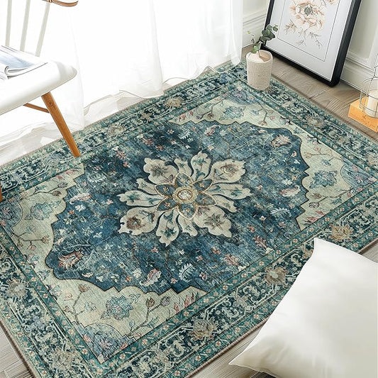 RELEANY Area Rugs 3'x4' Washable Non-Slip, Floral Vintage Distress Print Pattern Medallion Carpet for Living Room Bedroom Dining Room, Dark Blue Vintage