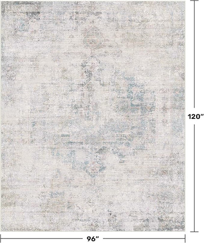 Washable 8x10 Bedroom Rug - Blue Grey Modern Area Rug for Living Room, Dining Room Table, Non Slip Soft Faded Print Carpet, Stain Resistant