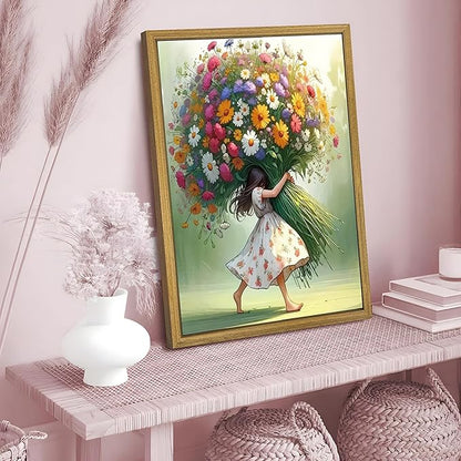Wood Framed Pink Wildflower Canvas Wall Art, Girl Hugging Flowers Poster Prints Paintings, Teen Girls Preppy Bedroom Decor, Green Room laesthetic Picture for Kids Room Hallway Living Room 12x16 Inch