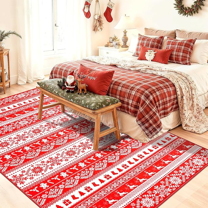 Area Rugs for Bedroom, 3x5 Ft Indoor Washable Rugs for Entryway Snowflake Print Living Room Carpet, Farmhouse Welcome Front Door Mat Non Slip Carpet for Entrance Porch Bath Kitchen, Red