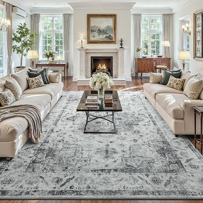 YOH Boho Washable Rug 6x9, Light Gray Vintage Non Slip Area Rug, Distressed Indoor Carpet for Living Room Bedroom Kitchen Office