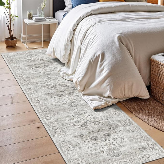 2x8 Washable Hallway Runner Rug - Kitchen Rugs with Non Slip Backing Vintage Soft Farmhouse Entryway Mat for Living Room Laundry Bedroom Bathroom Ivory/Gray