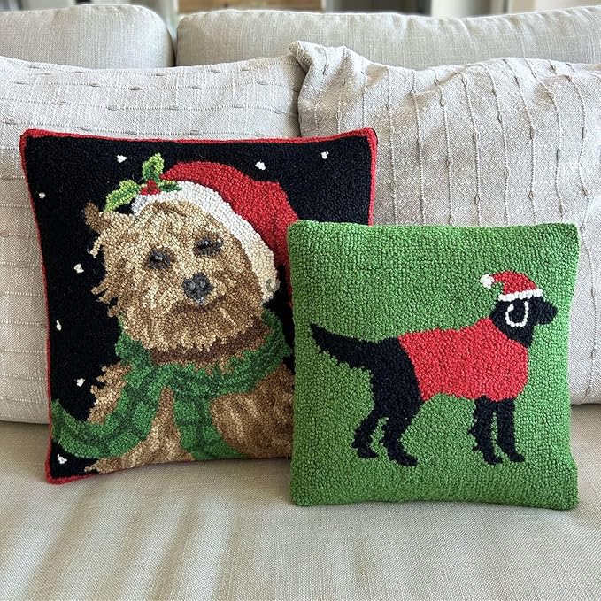Hand Hooked Christmas Pillow - 12X12 inches Throw Pillow for Couch or Dorm (Black Lab)