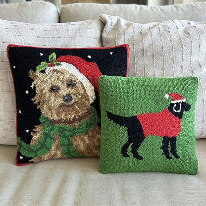 Hand Hooked Christmas Pillow - 12X12 inches Throw Pillow for Couch or Dorm (Black Lab)