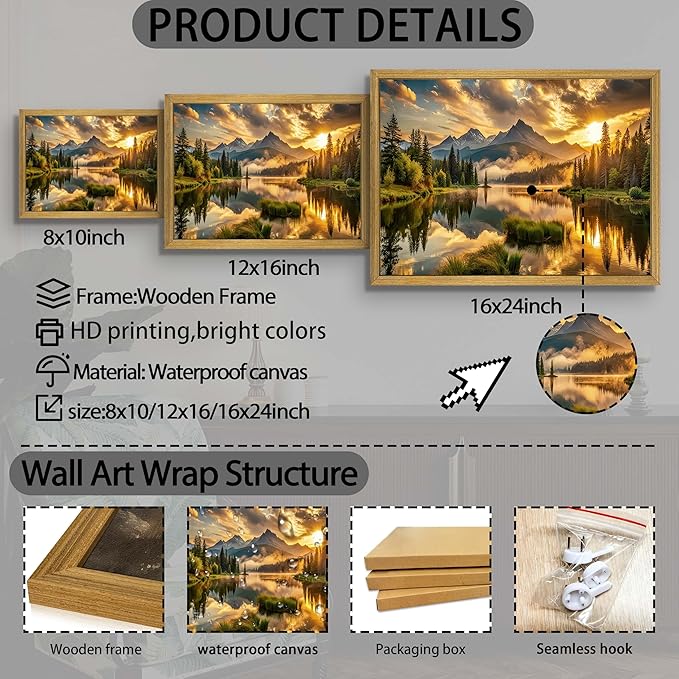 Framed Canvas Wall Art 16x24 Inch, Vintage Landscape Wall Art Decor, Countryside Farmhouse Sunset Landscape Wall Decor, Retro Mountain Vintage Painting Prints for Living Room Bedroom Home Bathroom Decor