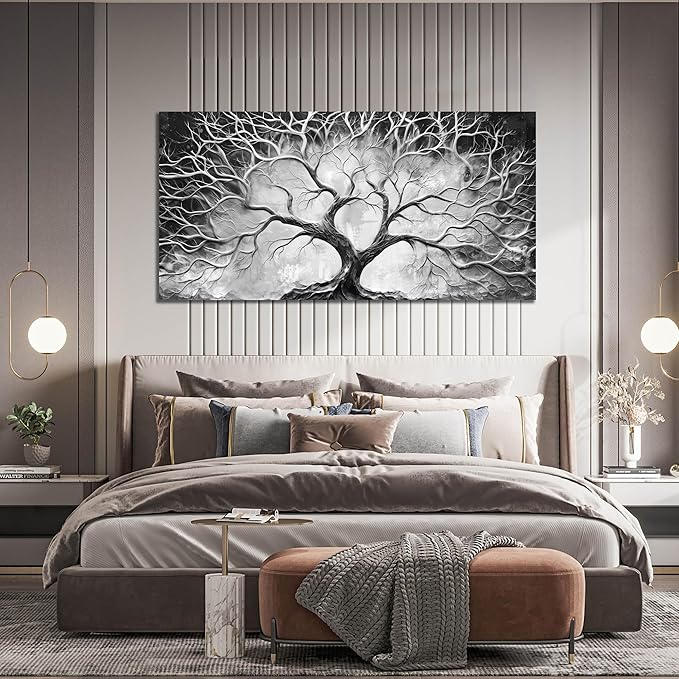 CIRABKY Tree Wall Art for Living Room - Black and White Canvas Wall Art for Office - Home Office Decor Wall Size 29" x 59"