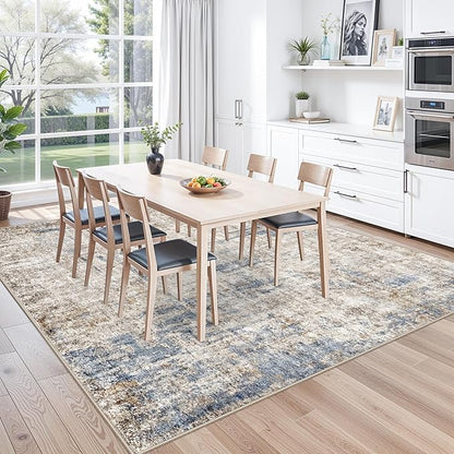 10x10 ft Square Living Room Rug – Washable Modern Abstract Area Rug for Bedroom, Dining Room, Playroom – Neutral Non-Slip Low-Pile Thin Indoor Carpet（Blue Brown）