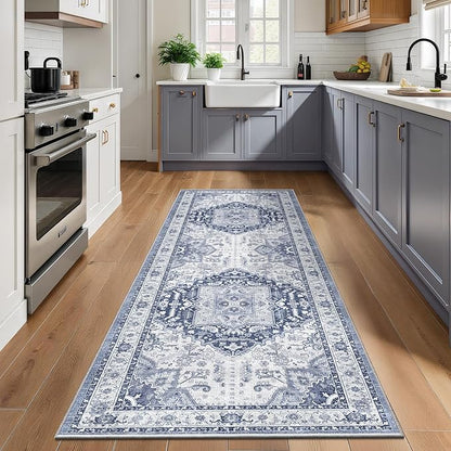 2.6x8 Washable Hallway Runner Rug - Kitchen Rugs with Non Slip Backing Vintage Soft Farmhouse Entryway Mat for Living Room Laundry Bedroom Bathroom Navy/Blue