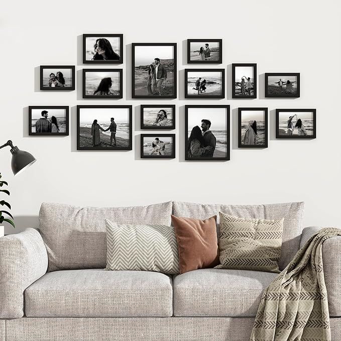 Venusmiles 15 Pack Picture Frames Collage Wall Decor, Gallery Frame Set for Wall Mounting or Tabletop Display, Multi Sizes Including 3pcs 8x10, 6pcs 5x7, 6pcs 4x6, Black
