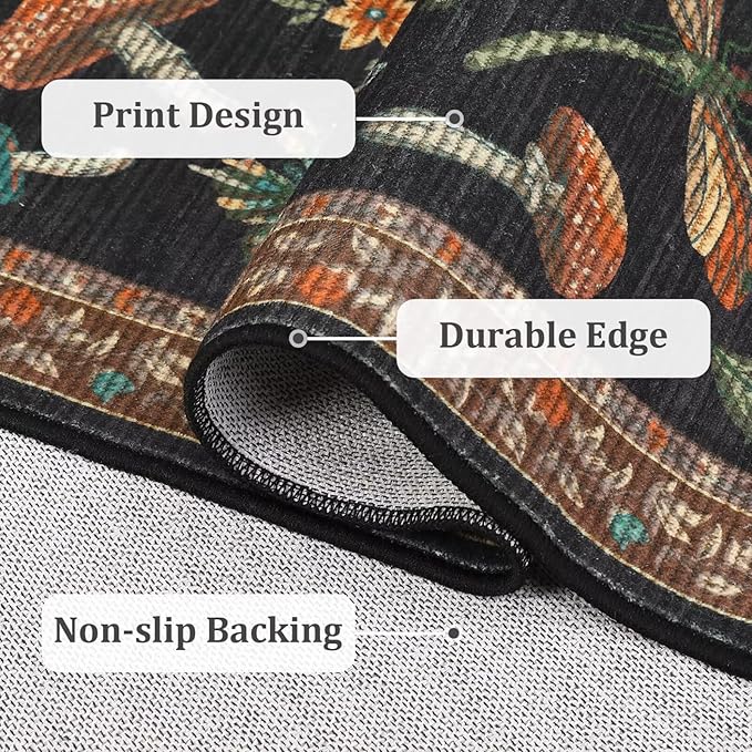 Mushroom 2x6 Runner Rug for Hallway Washable Kitchen Rugs Non Slip Low-Pile Whimsical Cottage Core Insect Bug Butterfly Funky Decor for Entryway Bathroom Bedroom Black Brown