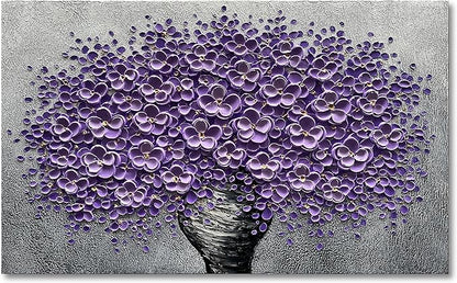 Epicler art hand-painted purple 3D flower decorative oil painting, flower wall decorative frame wall Art, modern Art living room, bedroom, office, hotel restaurant wall Art 28x40 inch