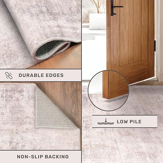 Washable Modern Living Room 8x12 Area Rugs - Pink and Grey Rug for Dining Room Under Table, Large Bedroom Carpet, Non Slip & Soft, Medallion Distressed Print Pattern