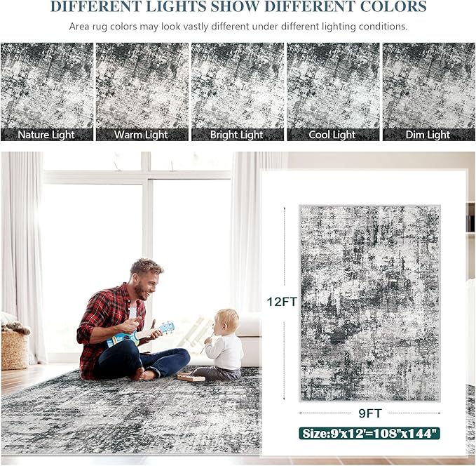 9x12 Area Rug for Living Room: Washable Abstract Soft Rugs Non Slip Modern Stain Resistant Low Pile Carpet for Dining Room Bedroom Nursery Office (Black Grey, 9'x12')