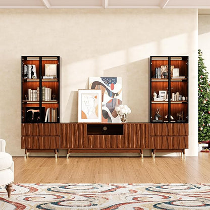 102" Walnut Finish Entertainment Center for 32/43/55 inch TV, Included 55.1'' TV Stand and 2 Glass Display Cabinet, 3-Piece Brown Mid Century Modern Wood Media Console for Living Room