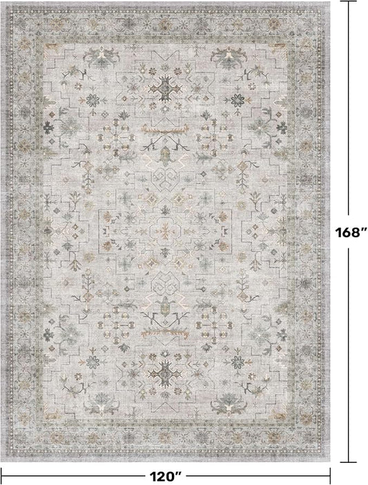 Hazo Haus Boho Light Grey Living Room Rug 10x14 - Modern Vintage Eclectic Floral Pastel Neutral Taupe, Washable Low Pile Non-Slip Extra Large Area Rugs for Dining Under Table Bedroom Lounge