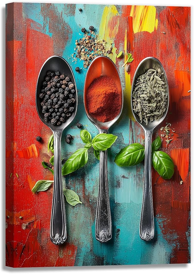Kitchen Canvas Wall Art Colorful Spices Seasoning On Spoon Picture Print Abstract Contemporary Modern Artwork For Living Room Dining Room Hotel Decor(Artwork-6,12"x18")