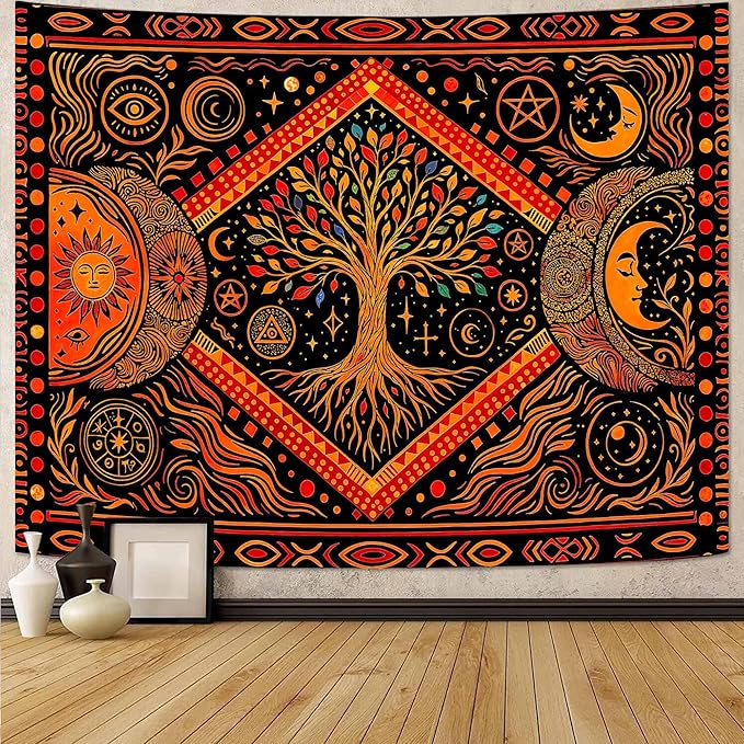 Lunerfex Tree of Life Sun Moon Stars Wall Tapestry, Cosmic Harmony Symbol Tapestries for Home Decor, Mystical Tapestry 90x70 Inch