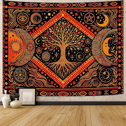 Lunerfex Tree of Life Sun Moon Stars Wall Tapestry, Cosmic Harmony Symbol Tapestries for Home Decor, Mystical Tapestry 90x70 Inch
