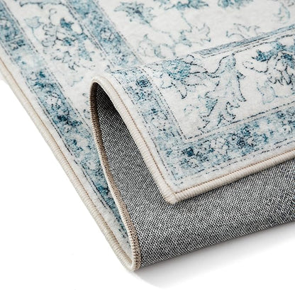 PureCozy Blue Runner Rug 2x6 Washable Vintage Carpet for Hallway Kitchen Soft Retro Low Pile Thin Indoor Runner Non Slip Oriental Medallion Long Throw Rug for Bathroom Bedroom Laundry Dining Room