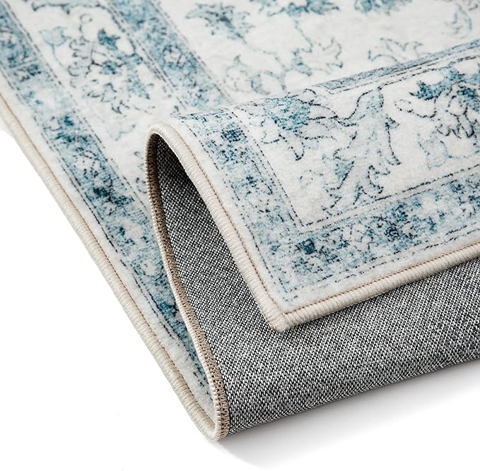 PureCozy Blue Area Rug 6x9 Washable Vintage Carpet for Living Room Bedroom Large Soft Retro Low Pile Thin Indoor Rug Non Slip Oriental Medallion Floor Cover for Dining Room Office