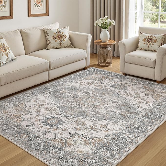 5x7 Washable Area Rugs for Living Room: Non Slip Vintage Gray Brown Rug, Large Soft Stain Resistant Indoor Floor Carpets for Bedroom Dining Room Nursery Home Office Kid & Pet Friendly