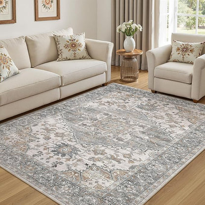 5x7 Washable Area Rugs for Living Room: Non Slip Vintage Gray Brown Rug, Large Soft Stain Resistant Indoor Floor Carpets for Bedroom Dining Room Nursery Home Office Kid & Pet Friendly