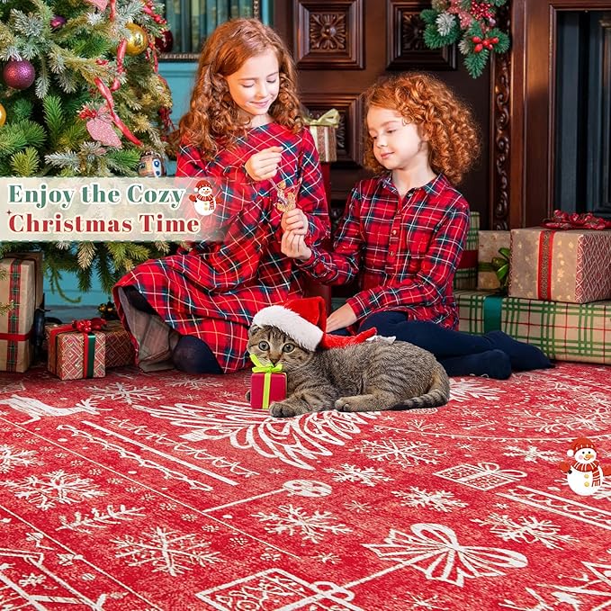 Christmas Area Rug for Living Room 6x9: Large Washable Xmas Rugs Boho Moroccan Holiday Rug Soft Non Slip Carpet for Bedroom Dining Table Home(Xmas Red, 6'X9')