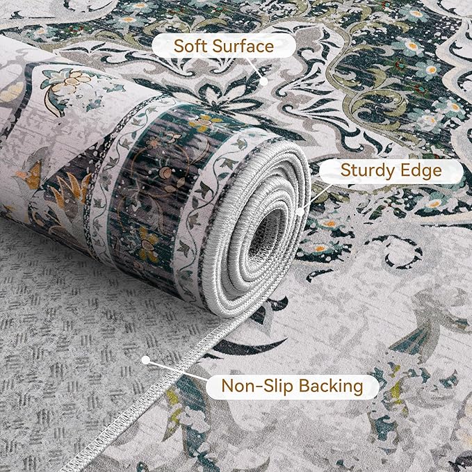 RUSHUFFY 8x10 Washable Rug for Living Room, Non-Slip Large Boho Vintage Print Pattern Carpet for Bedroom Dorm Dining Room Farmhouse Nursery Home Office, Grey White