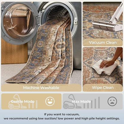 Kokia 6x9 Washable Area Rugs Terracotta with Vintage Orient Design, Soft Rug for Living Room or Bedroom, Non-Slip Low Pile Stain Resistance Features, Distressed Medallion Pattern