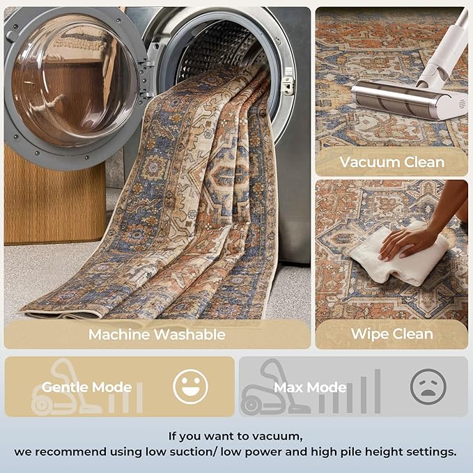Kokia 9x12 Washable Area Rugs Terracotta with Vintage Orient Design, Soft Rug for Living Room or Bedroom, Non-Slip Low Pile Stain Resistance Features, Distressed Medallion Pattern